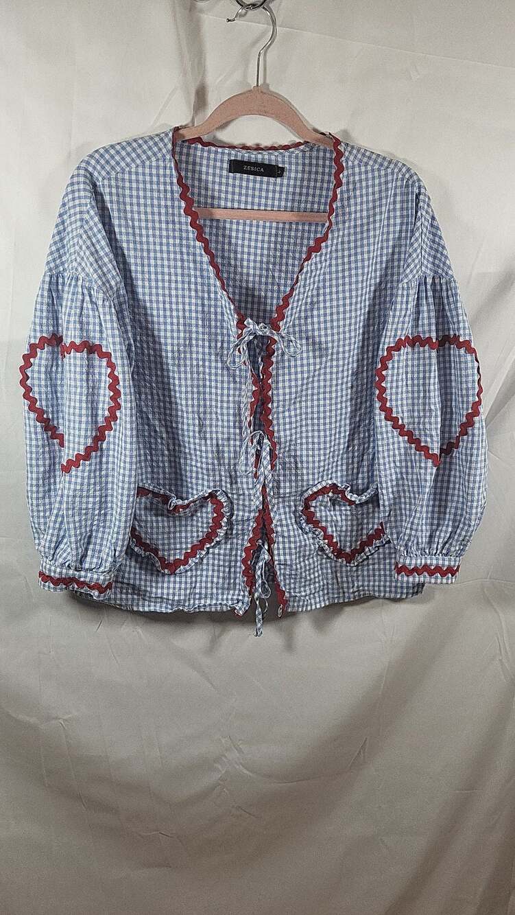 Zesica Blue Gingham Ric Rac Heart Tie Front Puff Sleeve Blouse, L